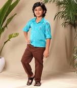 Blue embroidered raglan sleeve collar shirt with black trousers