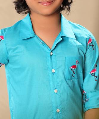Blue embroidered raglan sleeve collar shirt with black trousers 4