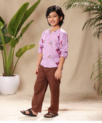 Lavender embroidered no collar shirt 2