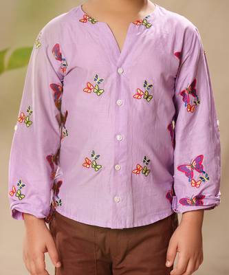 Lavender embroidered no collar shirt 4