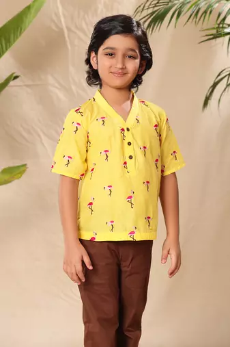 Yellow embroidered no collar short kurta