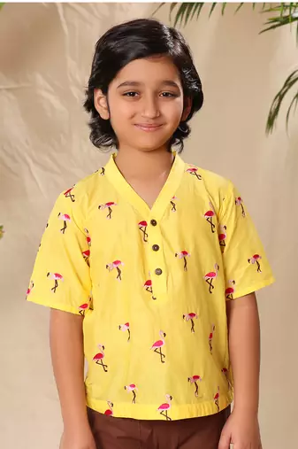 Yellow embroidered no collar short kurta