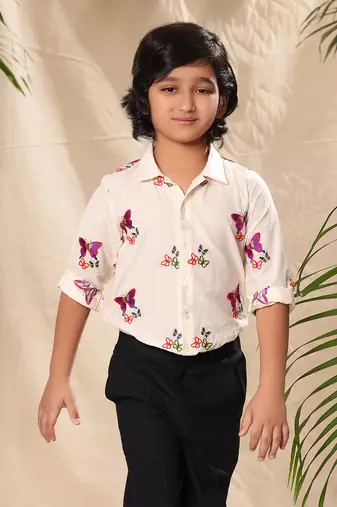 Off white embroidered classic shirt with black trousers
