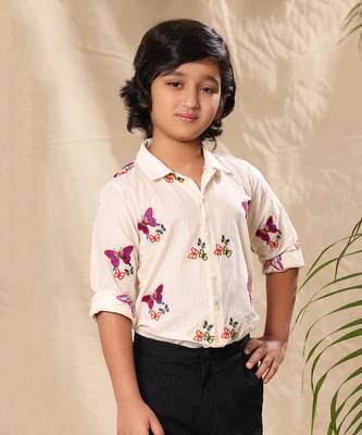 Off white embroidered classic shirt with black trousers 3