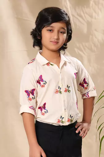 Off white embroidered classic shirt with black trousers