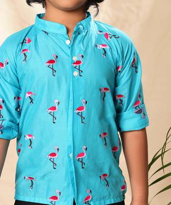 Blue embroidered raglan sleeves shirt with black trousers 4