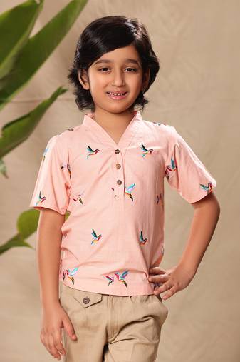 Pink embroidered no collar kurta shirt