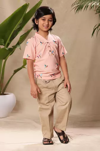Pink embroidered no collar kurta shirt
