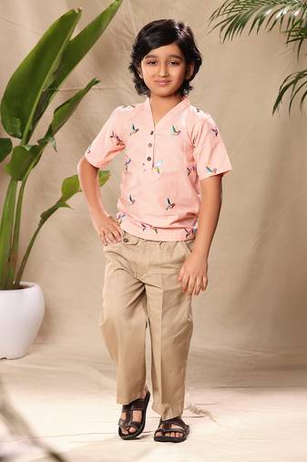 Pink embroidered no collar kurta shirt with beige pants