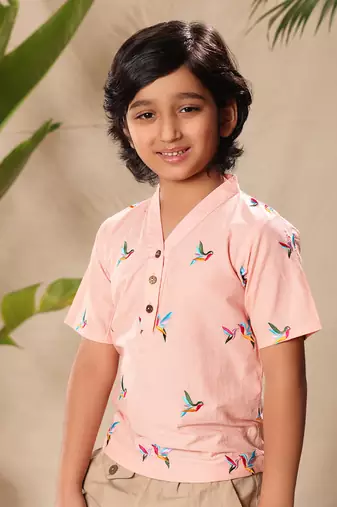 Pink embroidered no collar kurta shirt with beige pants