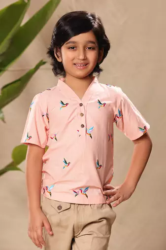 Pink embroidered no collar kurta shirt with beige pants