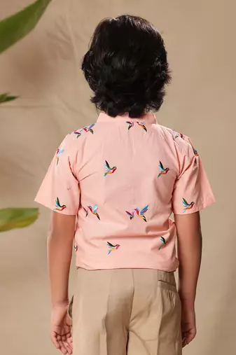 Pink embroidered no collar kurta shirt with beige pants