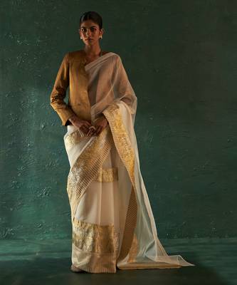 Ivory saree with tissue blouse & gold blazer 2