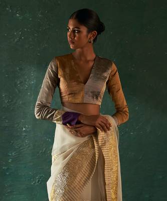 Ivory saree with tissue blouse & gold blazer 4