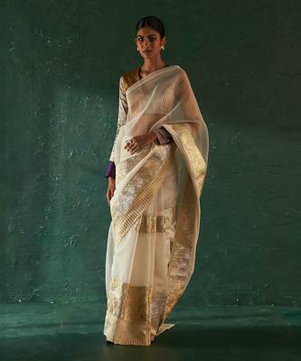 Ivory saree with tissue blouse & gold blazer 5