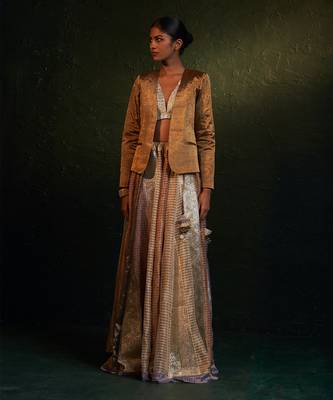 Metallic Silk Tissue Striped Lehenga Jacket Set 1