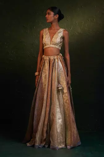Metallic Silk Tissue Striped Lehenga Jacket Set