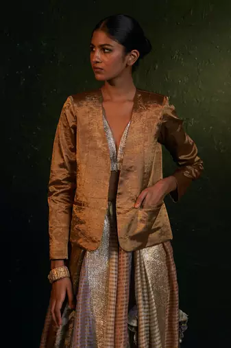 Metallic Silk Tissue Striped Lehenga Jacket Set