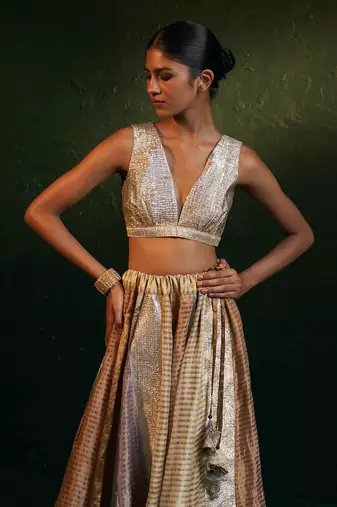 Metallic Silk Tissue Striped Lehenga Jacket Set