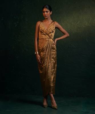 Gold silk tissue draped dress 1