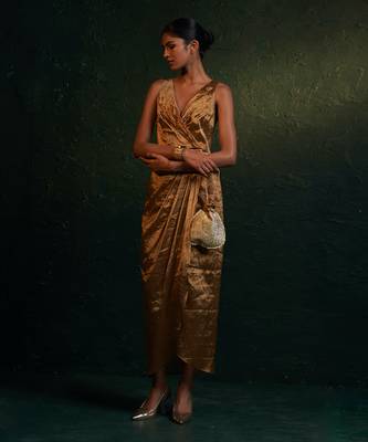 Gold silk tissue draped dress 2