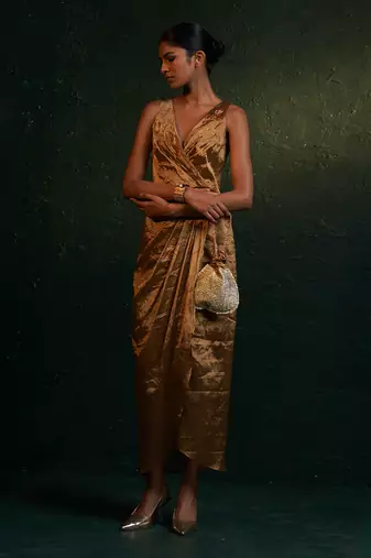 Gold silk tissue draped dress