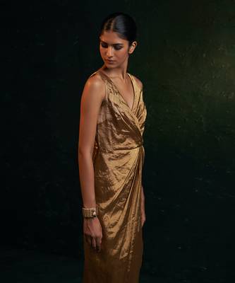 Gold silk tissue draped dress 3