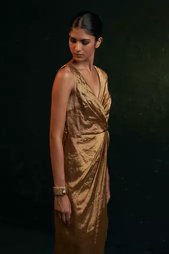 Gold silk tissue draped dress