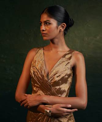 Gold silk tissue draped dress 4