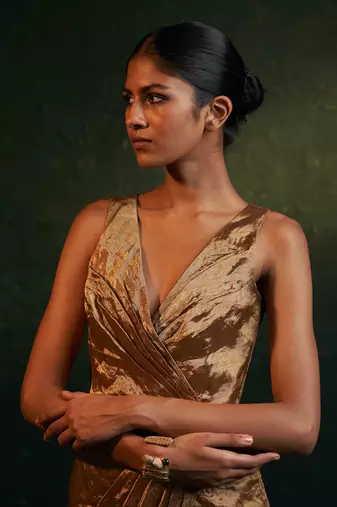 Gold silk tissue draped dress
