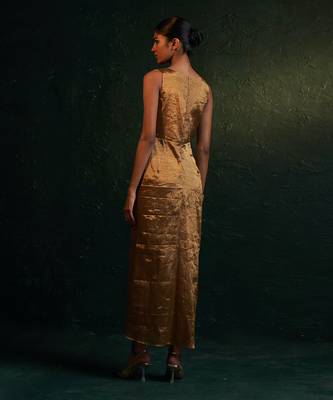 Gold silk tissue draped dress 5