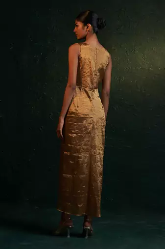 Gold silk tissue draped dress