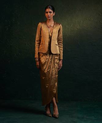 Gold silk tissue draped dress & blazer set 1