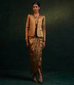 Gold silk tissue draped dress & blazer set