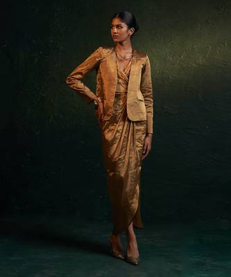 Gold silk tissue draped dress & blazer set 2
