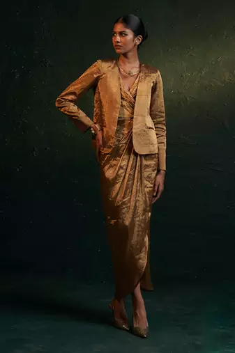 Gold silk tissue draped dress & blazer set