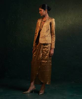 Gold silk tissue draped dress & blazer set 3