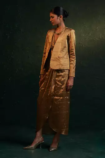 Gold silk tissue draped dress & blazer set