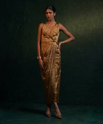 Gold silk tissue draped dress & blazer set 4
