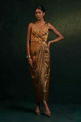 Gold silk tissue draped dress & blazer set