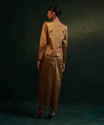 Gold silk tissue draped dress & blazer set 5