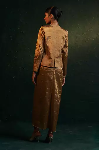 Gold silk tissue draped dress & blazer set