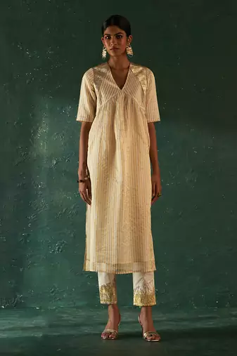 Ivory tissue stripe kurta set