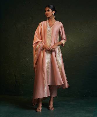 Rose pink chanderi kurta set with gota work 1