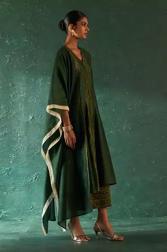 Deep green chanderi kurta set with striped panels