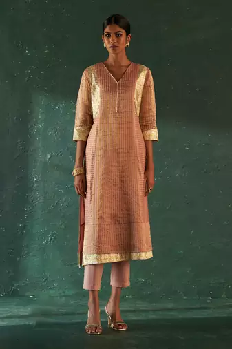 Rose pink striped kurta set with gota work