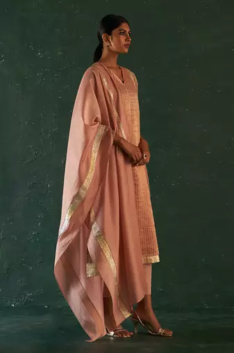 Rose pink striped kurta set with gota work