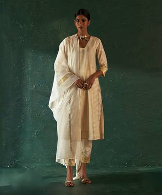 Ivory striped kurta set with gota work 1
