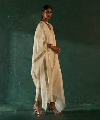 Ivory striped kurta set with gota work 2
