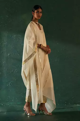 Ivory striped kurta set with gota work